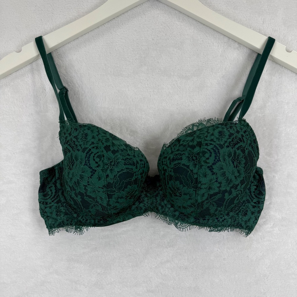 Victoria's Secret Dream Angels Lined Demi Bra 32D‎ Green Floral Eyelash Lace